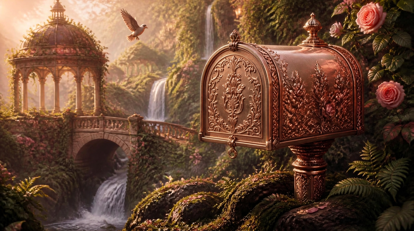 A painted rose-gold mailbox waiting in a garden