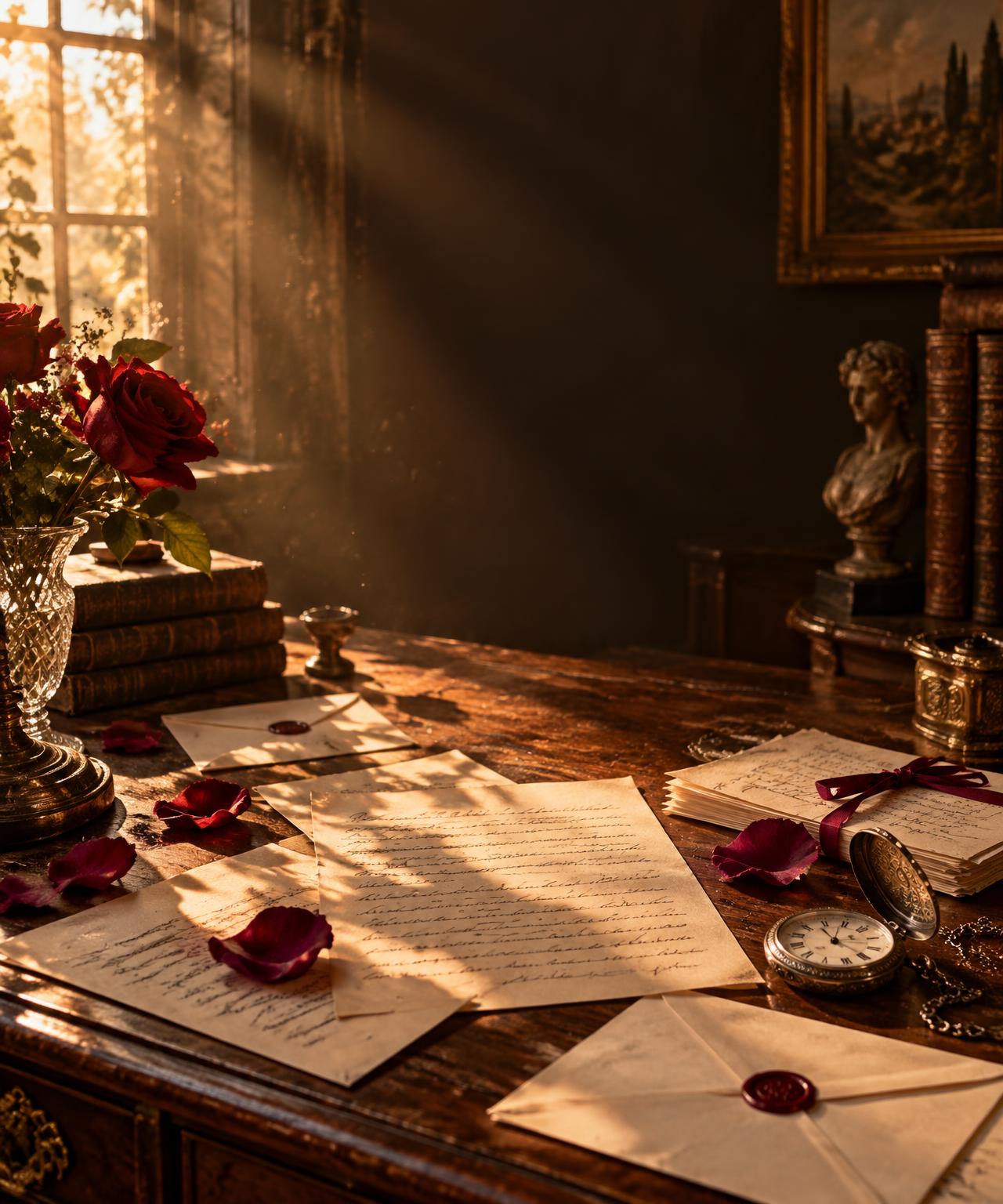 Handwritten love letters, sealed envelopes, roses, and a pocket watch on a sunlit antique desk